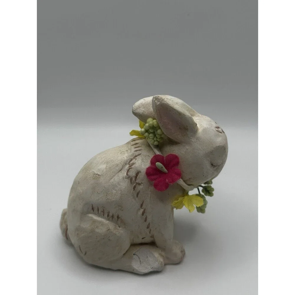 Vintage Bisque Rabbit Figurine w/ Fabric Flowers Sleeping Bunny Easter Decor